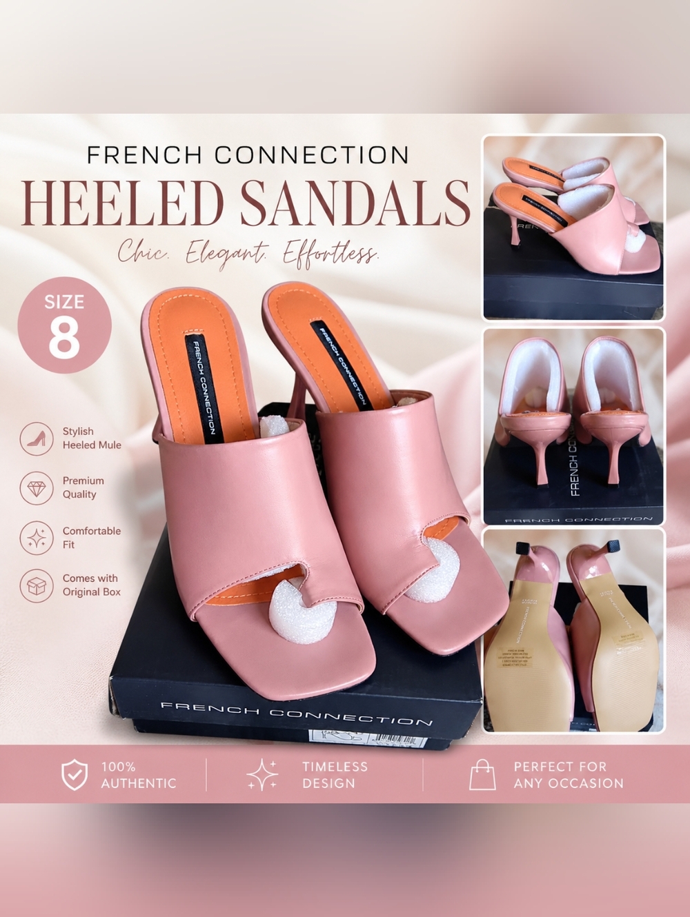 French Connection Pink Heeled Mule Sandals – Size 8 – New in Box